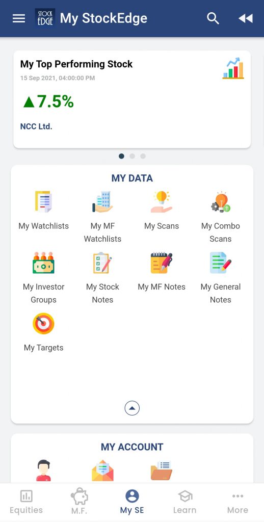 A screenshot of the my stockedge app showing a graph, a top performing stock, and various tabs and options for stock analysis.