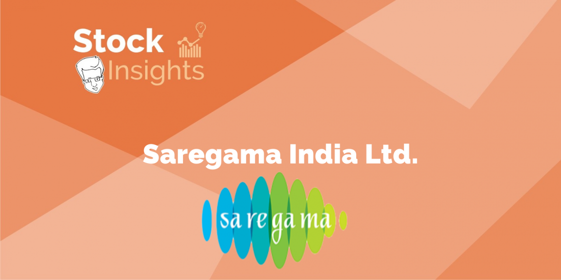 A photorealistic depiction of the saregama india ltd. Logo, featuring a stylized musical instrument resembling a gramophone, set against a soft peach background.