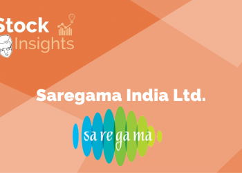 A photorealistic depiction of the saregama india ltd. Logo, featuring a stylized musical instrument resembling a gramophone, set against a soft peach background.
