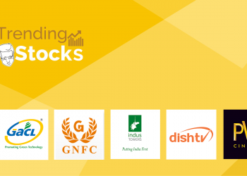 A yellow background with the text "trending stocks" at the top, followed by a row of logos, including pvr cinemas, gacl indus, dish tv towers, and gnfc.