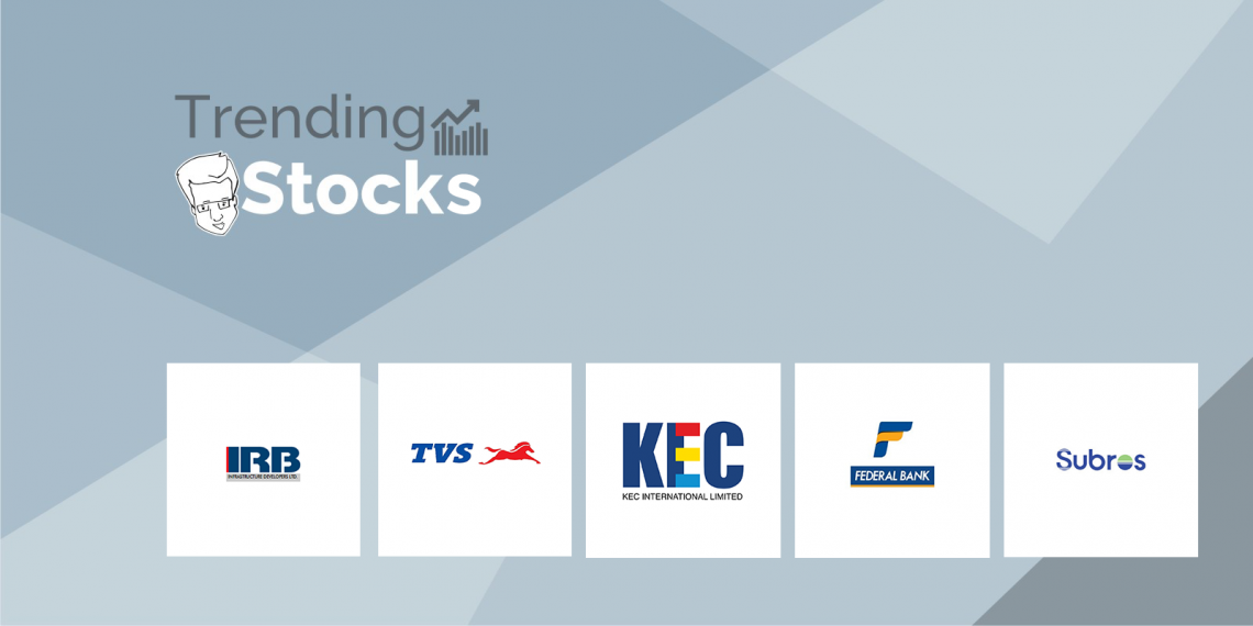 A banner highlighting trending stocks, including kec international limited, irb infrastructure developers ltd, tvs motor company, and subros ltd, on a blue background with the text 