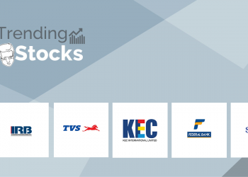 A banner highlighting trending stocks, including kec international limited, irb infrastructure developers ltd, tvs motor company, and subros ltd, on a blue background with the text "trending stocks" above.