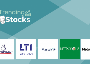 A collage of logos for indian companies lti, mastek, metropolis, network 18, and snowman logistics, arranged on a blue background with the text 'trending stocks' and 'let's solve' above and below the logos