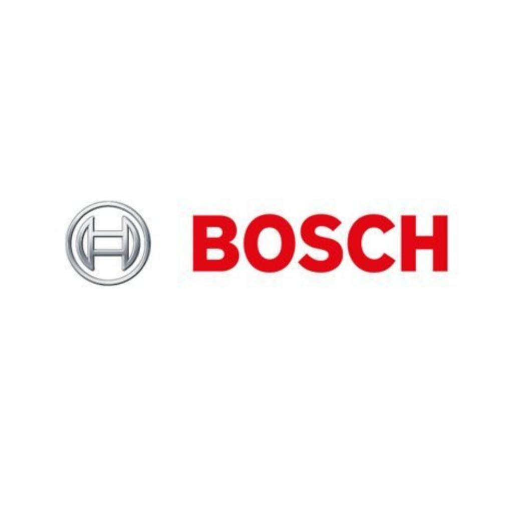 A red text that says bosch in a sans-serif font, with a silver circle that has a stylized h inside it.