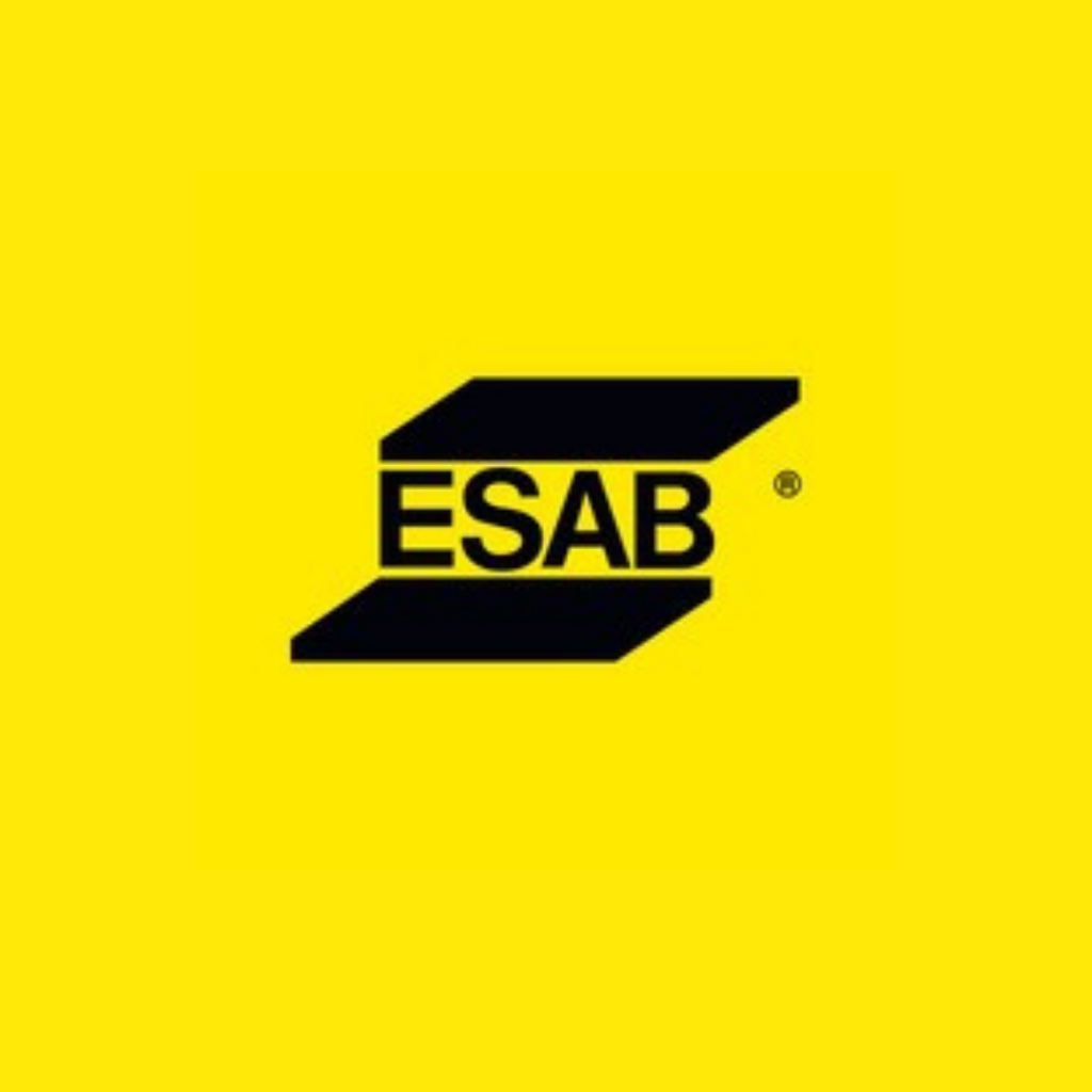 A logo of esab, a company that provides welding and cutting products and solutions. The logo consists of the word esab in black, slanted to the right, on a yellow background
