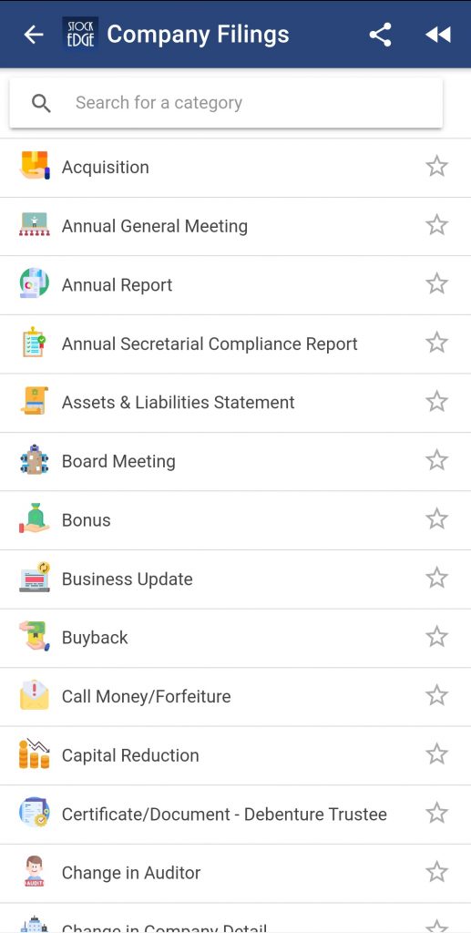 Company fillings section of stockedge app.