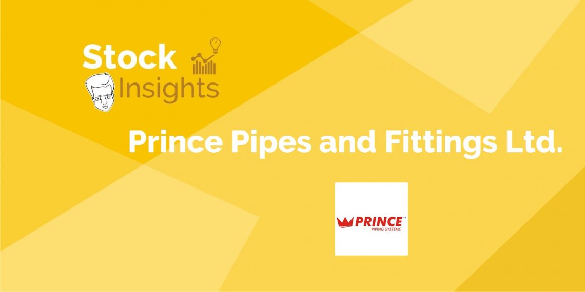 A yellow graphic with the title ‘stock insights’ and a subtitle ‘prince pipes and fittings ltd. ’ accompanied by the company’s logo.
