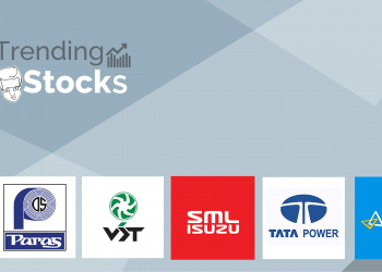 A promotional graphic for indian companies, featuring logos for tata power, paras, sml isuzu, canara bank, and tupether we can, set against a gray background with the text "trending stocks. "