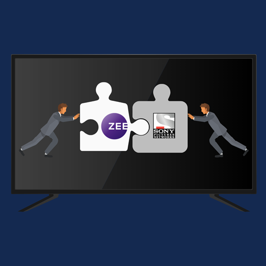 Illustration of two men pushing puzzle pieces with logos of zee and sony into a television screen