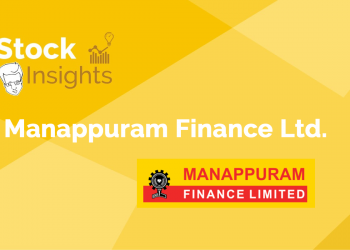 A yellow background with the manappuram finance ltd. Logo, followed by the text 'stock insights' and the company name in full.