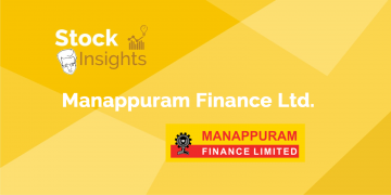 A yellow background with the manappuram finance ltd. Logo, followed by the text 'stock insights' and the company name in full.