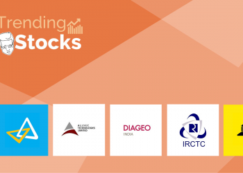 A graphic representation of trending stocks with their logos in a gradient background of red and orange.