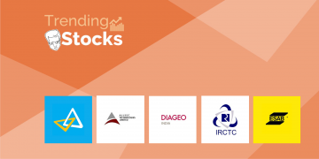 A graphic representation of trending stocks with their logos in a gradient background of red and orange.