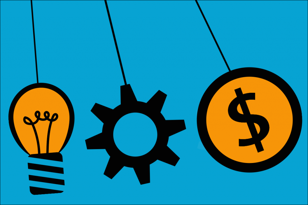 A graphic image of three objects hanging from strings on a blue background. The objects are a yellow lightbulb, a black gear, and a gold dollar sign