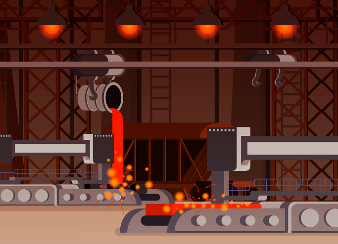 Robotic arms pouring molten metal onto a conveyor belt in a factory
