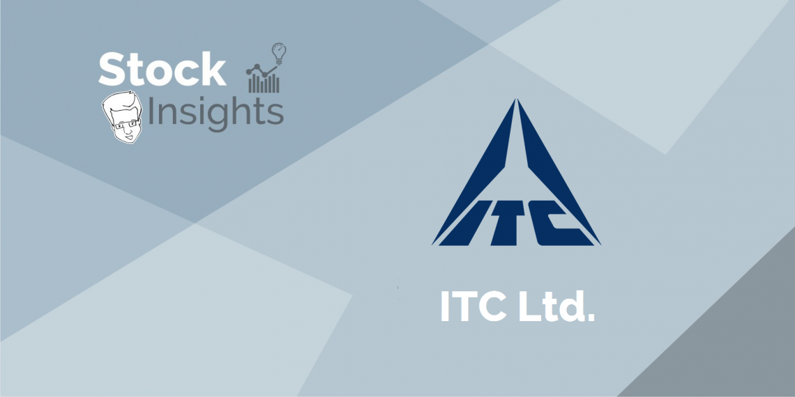 A graphical representation of stock insights along with the logo of itc ltd. In a grey background.