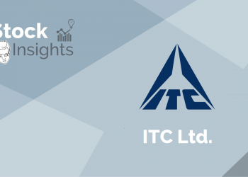 A graphical representation of stock insights along with the logo of itc ltd. In a grey background.