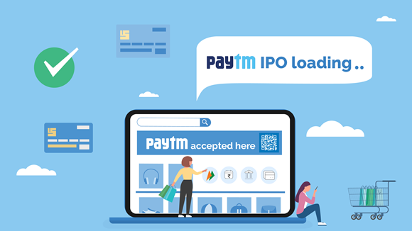 Illustration of a laptop showing paytm qr code, a shopping cart, and a person with a shopping bag. The image promotes paytm ipo with the text 