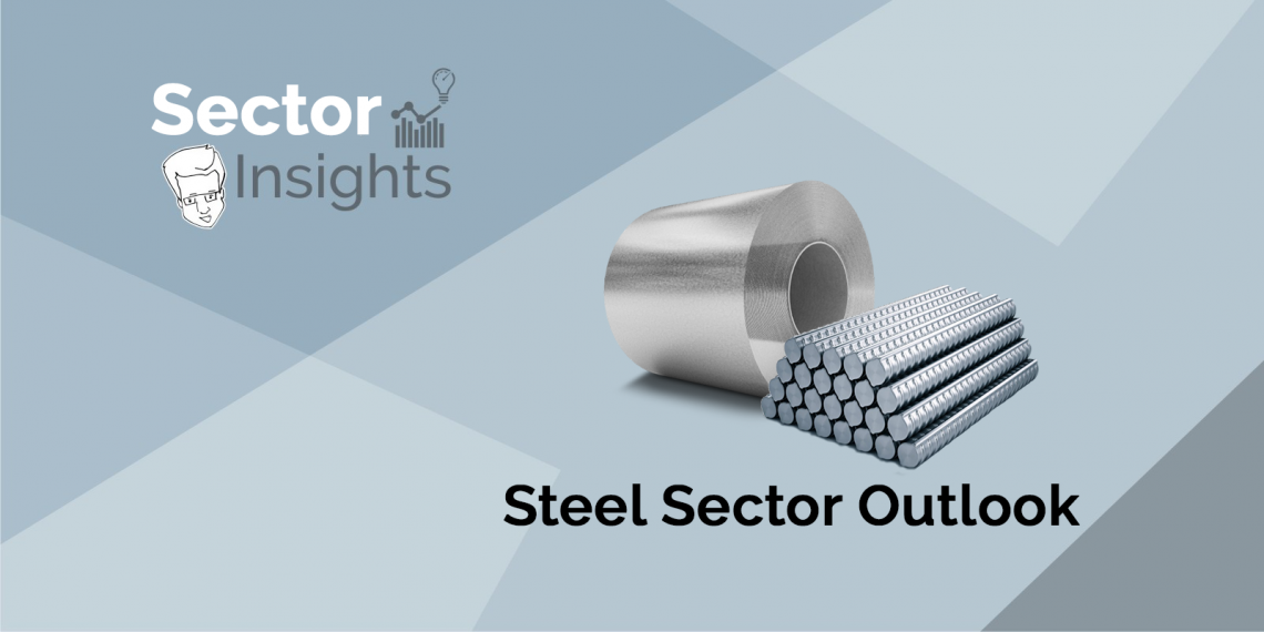 A stack of rectangular steel bars leaning against a large roll of steel sheets, both on a blue background. Text at the top says 'sector insights' and 'steel sector outlook.