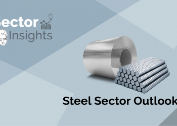 A stack of rectangular steel bars leaning against a large roll of steel sheets, both on a blue background. Text at the top says 'sector insights' and 'steel sector outlook.