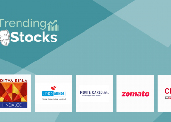 A collage of logos for indian companies aditya birla group, uno minda, monte carlo, zomato, and crisil, displayed on a blue background with the text "trending stocks" above them.