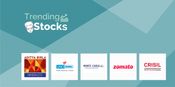 A collage of logos for indian companies aditya birla group, uno minda, monte carlo, zomato, and crisil, displayed on a blue background with the text "trending stocks" above them.
