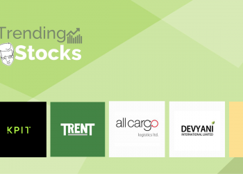 Green background with logos of several trending indian companies, including kpit, trent, devyani international, all cargo logistics, sobha developers.