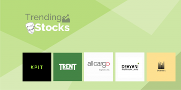 Green background with logos of several trending indian companies, including kpit, trent, devyani international, all cargo logistics, sobha developers.