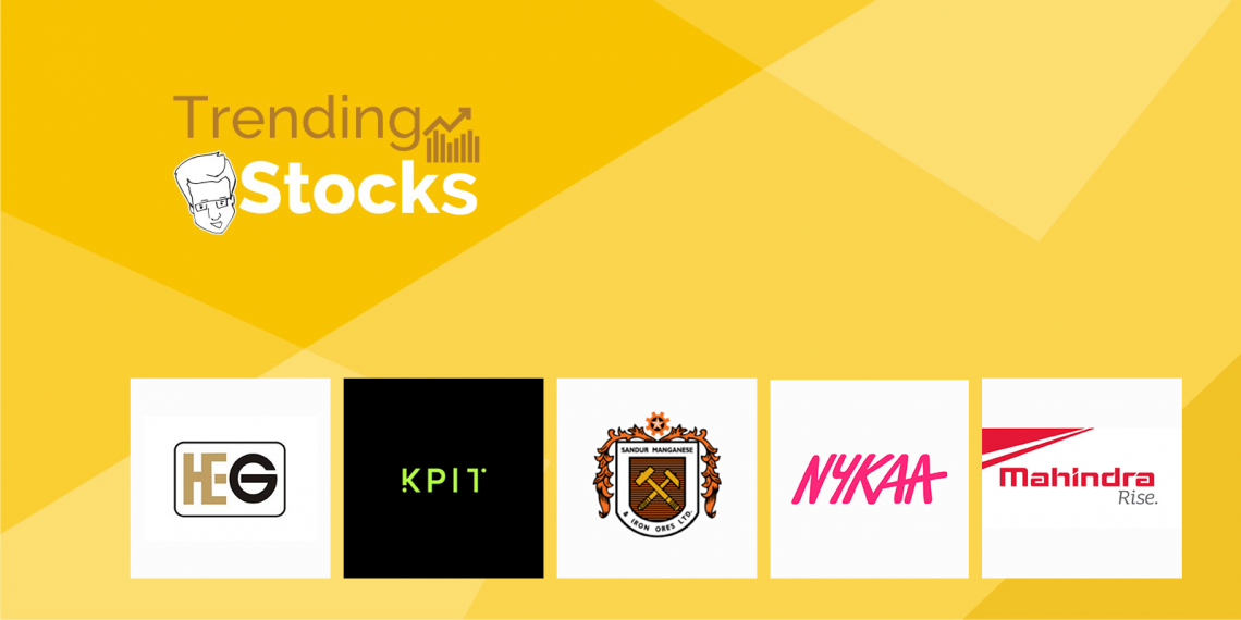 Banner showing trending stocks such as heg, kpit, nykaa, mahindra.