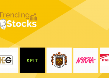 Banner showing trending stocks such as heg, kpit, nykaa, mahindra.