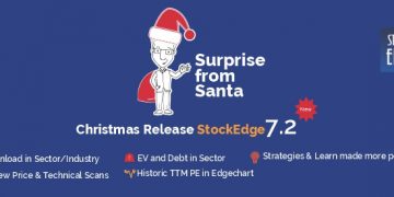 A festive image of a man in a santa hat holding a bag of presents, promoting the stockedge christmas release.