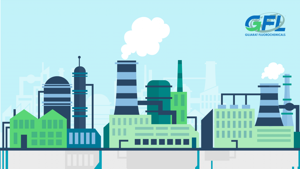 Lustration of a factory with smokestacks and industrial buildings in blue and green tones. The factory belongs to gujarat fluorochemicals, a chemical company based in india