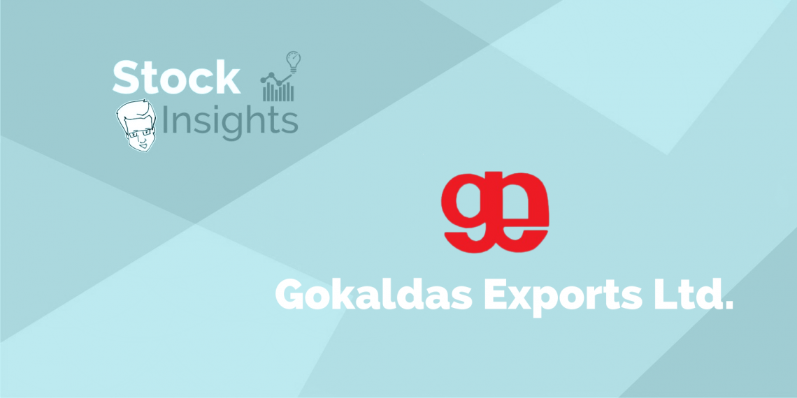 Blue background with the white text 'stock insights' above the gokaldas exports ltd. Logo