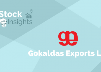 Blue background with the white text 'stock insights' above the gokaldas exports ltd. Logo