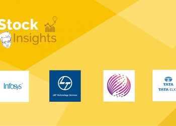 Banner for stock insights featuring logos of infosys, l&t technology services, and tata elxsi on a yellow background