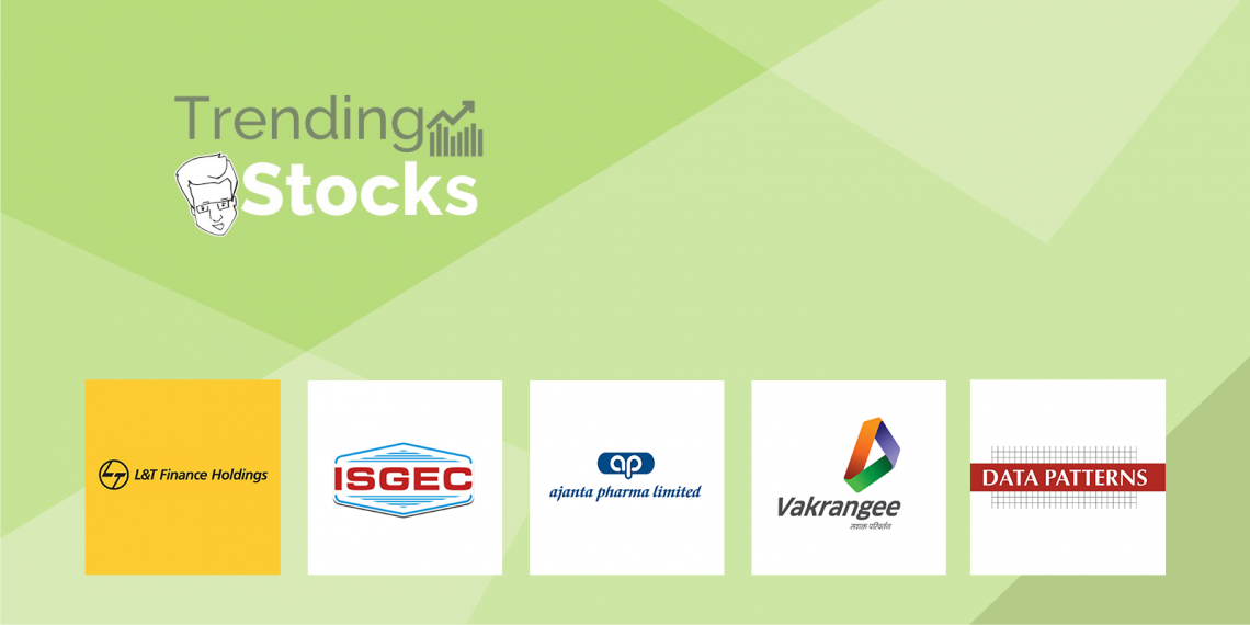 A collage of logos for six indian companies: l&t finance holdings, isgec, ajanta pharma, vakrangee, and two others.