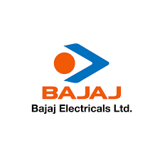 Logo of bajaj electricals ltd. With an orange circle and a blue arrow pointing right and the company name in black text below.