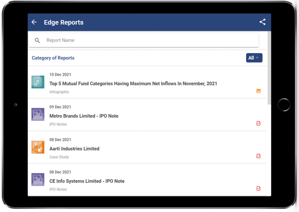 A tablet showing a list of reports on the edge reports section from stockedge app, sorted by date and category.