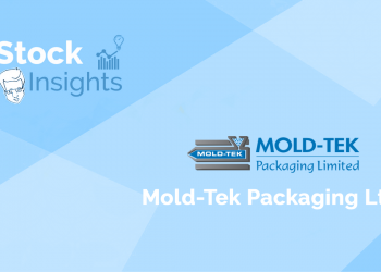 A black and white image of a stock chart with the mold-tek packaging ltd. Logo in the top left corner. The text "stock insights" is above the logo.