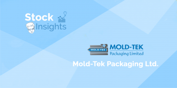 A black and white image of a stock chart with the mold-tek packaging ltd. Logo in the top left corner. The text "stock insights" is above the logo.