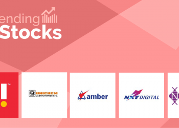 A pink background displays a title 'trending stocks' followed by logos and names of five companies: vi, unichem laboratories ltd, amber chemicals ltd, nt digital, vodafone idea, and neogen laboratories ltd. "