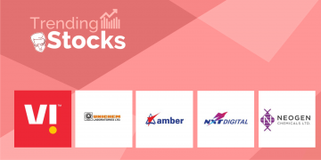 A pink background displays a title 'trending stocks' followed by logos and names of five companies: vi, unichem laboratories ltd, amber chemicals ltd, nt digital, vodafone idea, and neogen laboratories ltd. "