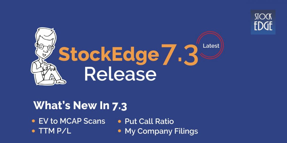 A poster for stockedge version 7. 3, featuring a cartoon character sitting on a blue background. The text on the poster says 