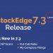Stockedge 7. 3 release 14 A poster for stockedge version 7. 3, featuring a cartoon character sitting on a blue background. The text on the poster says "stockedge 7. 3 latest release" and "what's new in 7. 3". The new features listed are ev to mcap scans, put call ratio, ttm p/l, and my company filings.