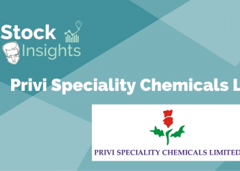 Privi specialty chemicals ltd. Stock insights, showcasing the company's logo, upward-trending line graph, and focus on chemicals.