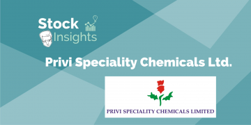 Privi specialty chemicals ltd. Stock insights, showcasing the company's logo, upward-trending line graph, and focus on chemicals.
