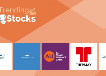 Company logos for bajaj finance, tata communications, au small finance bank, au bank, talbros, and thermax displayed on an orange background.