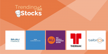 Company logos for bajaj finance, tata communications, au small finance bank, au bank, talbros, and thermax displayed on an orange background.