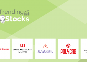 A graphic displaying “trending stocks” with logos of hitachi energy, gokaldas exports limited, sasken, polycab, and shoppers stop on a green background. The image has a light green background with a darker green geometric pattern