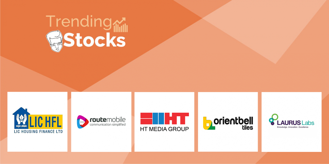 Image showing trending stocks such as lic hfl, route mobile, ht media, lauraus labs with their logos.